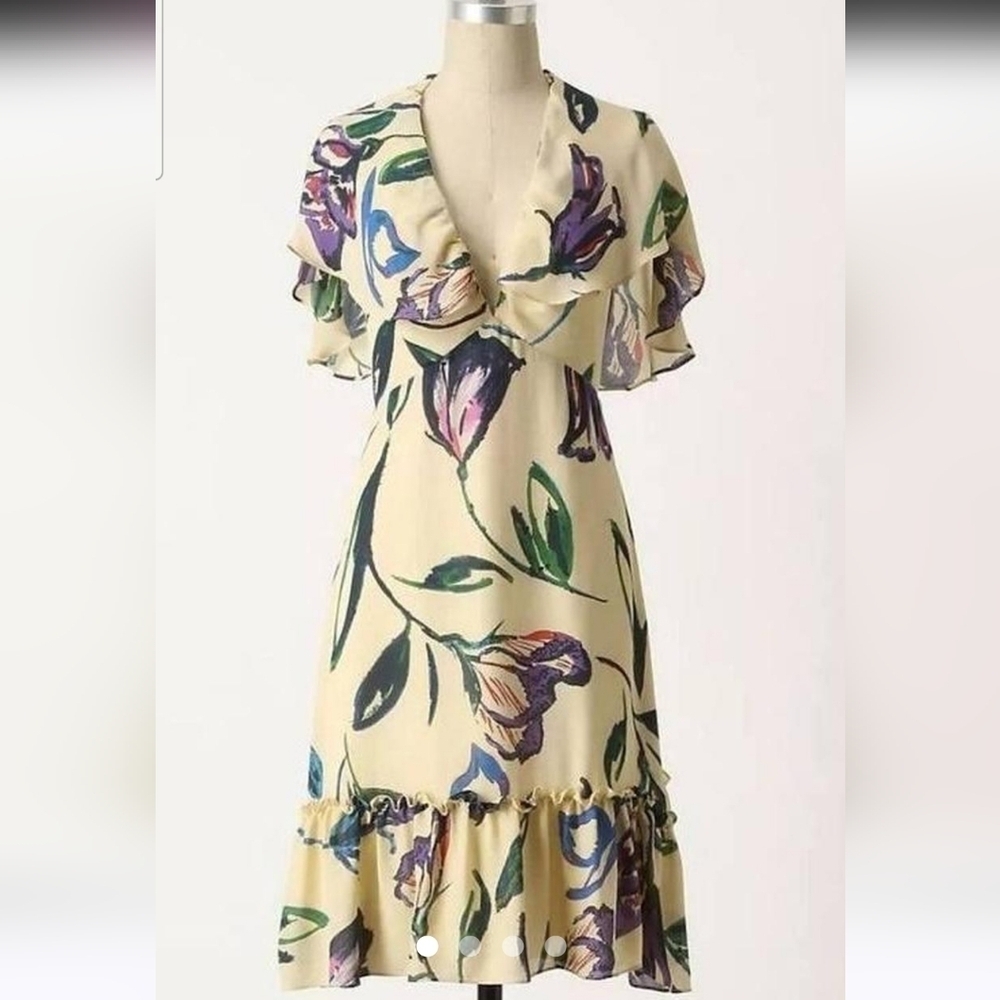 Anthropologie COREYLYNN CALTER 100% Silk Floral Cape Sleeve Dress – Size 14 - Picture 2 of 16